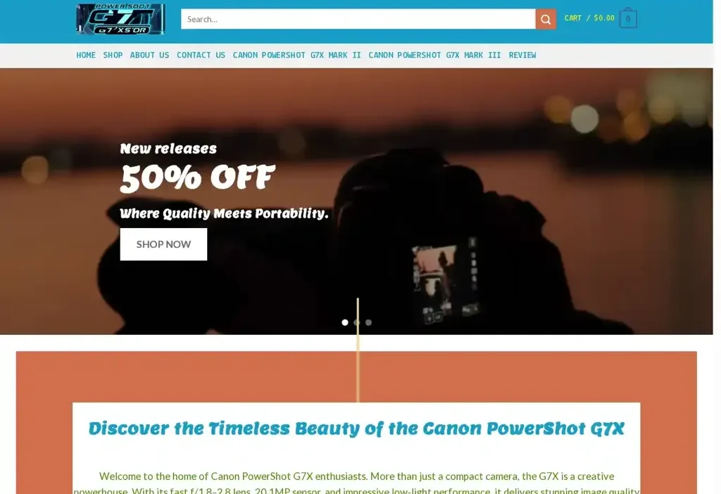 Screenshot of Non-Delivery scam website "Powershotg7xstore.com"
