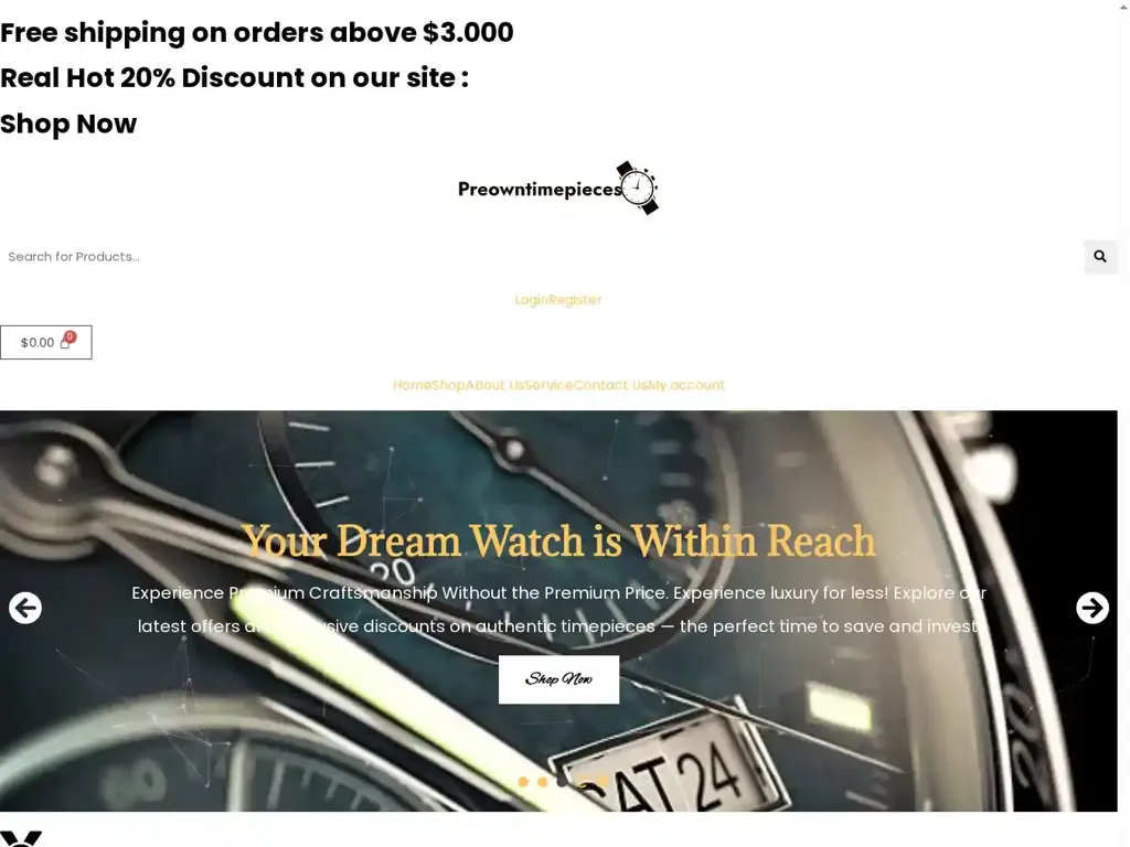 Screenshot of Non-Delivery scam website "Place - Preowned Time Pieces"