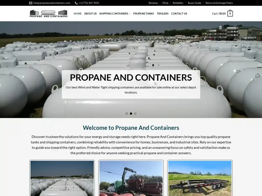 Screenshot of Non-Delivery scam website "Propane And Containers – Propane And Containers for sale"