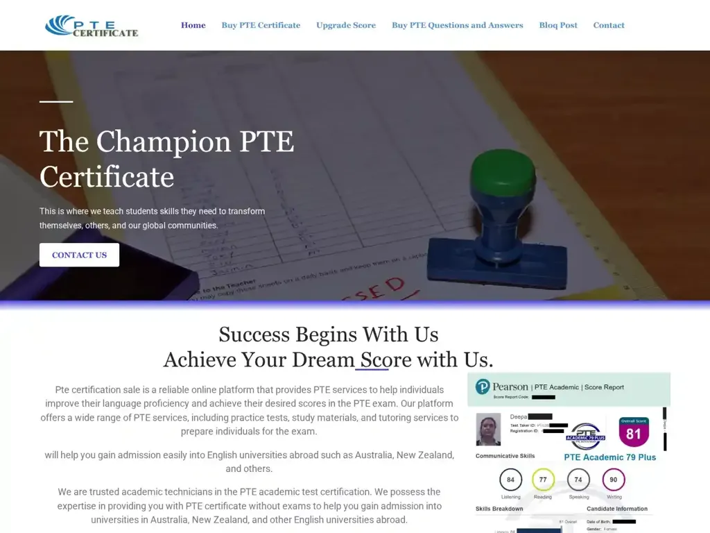 Screenshot of Non-Delivery scam website "Buy PTE Certificate Online - Trusted & Verifiable"