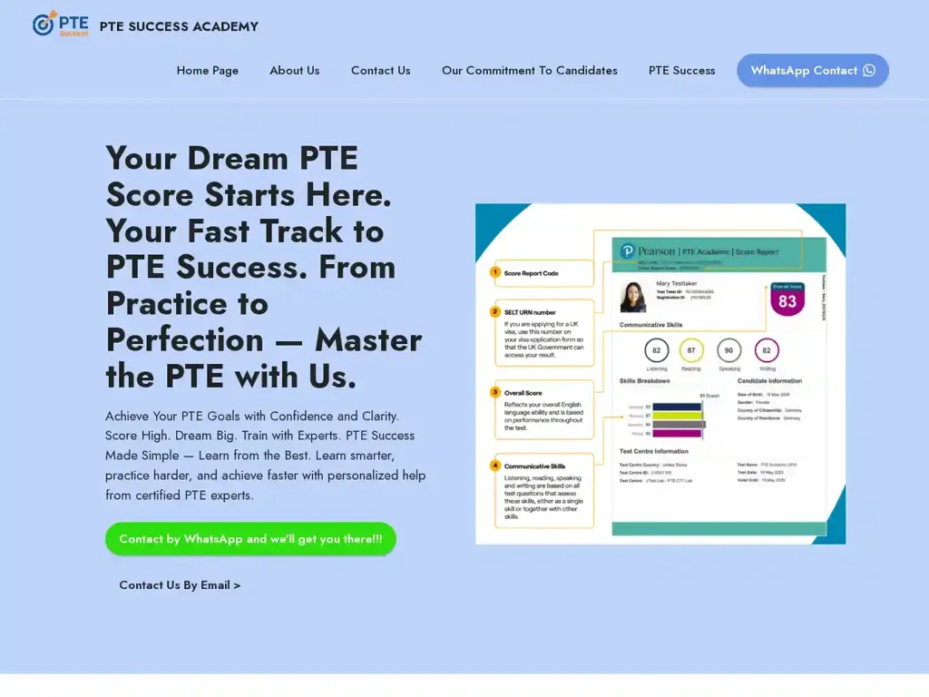 Screenshot of Non-Delivery scam website "Ace Your PTE Exam | Expert PTE Preparation Online & Offline | PTE Success Academy"