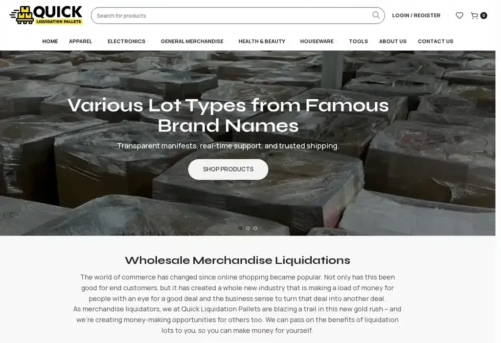 Screenshot of Liquidation scam website "Quickliquidationpallets.com"
