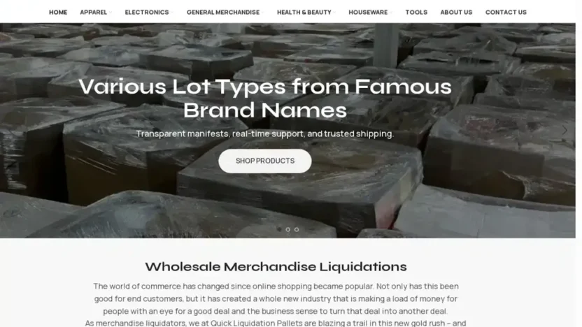 Screenshot of Liquidation scam website "Quickliquidationpallets.com"