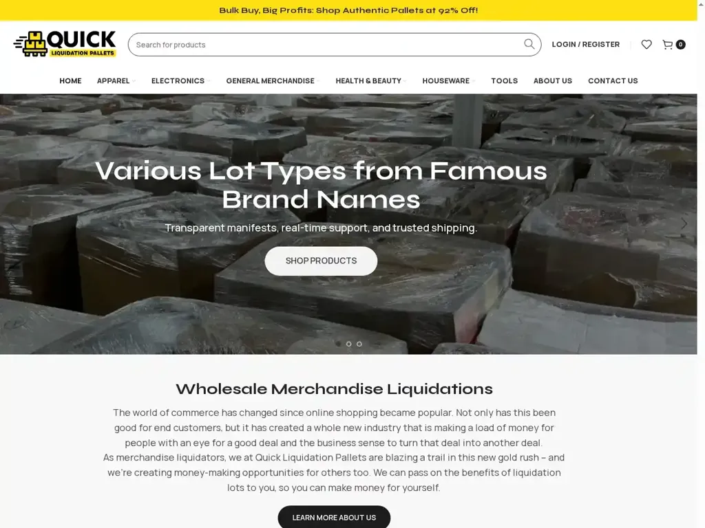 Screenshot of Liquidation scam website "Quick Liquidation Pallets – Wholesale Liquidation Lots & Bulk Merchandise"