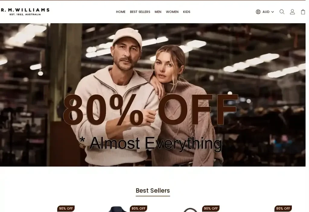 Screenshot of Non-Delivery scam website "Rmilliamsofficial.com"