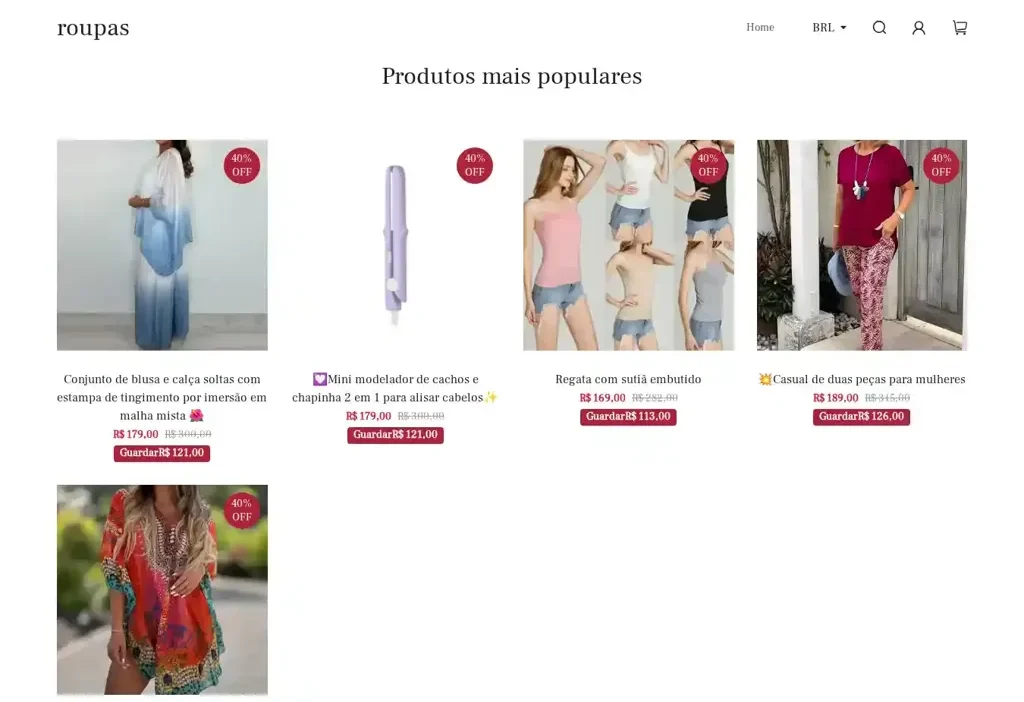Screenshot of Non-Delivery scam website "Roupas-bonitas.com"