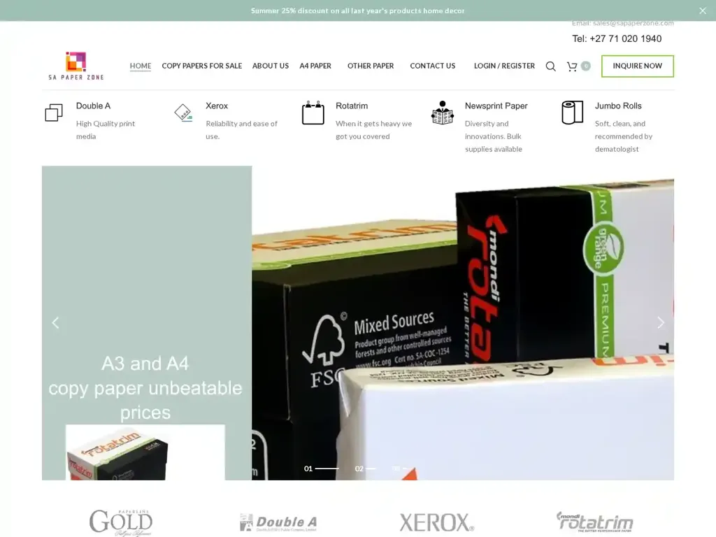 Screenshot of Commodity scam website "SA Paper zone – office copy paper for sale South Africa| cheap copy paper for sale, wholesale and retail|"