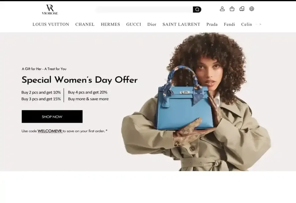 Screenshot of Non-Delivery scam website "Shepinbags.com"