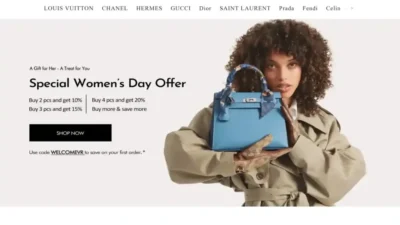 Screenshot of Non-Delivery scam website "Shepinbags.com"