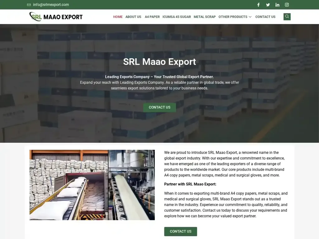 Screenshot of Non-Delivery scam website "SRL MAAO EXPORT – Leading Export Company"