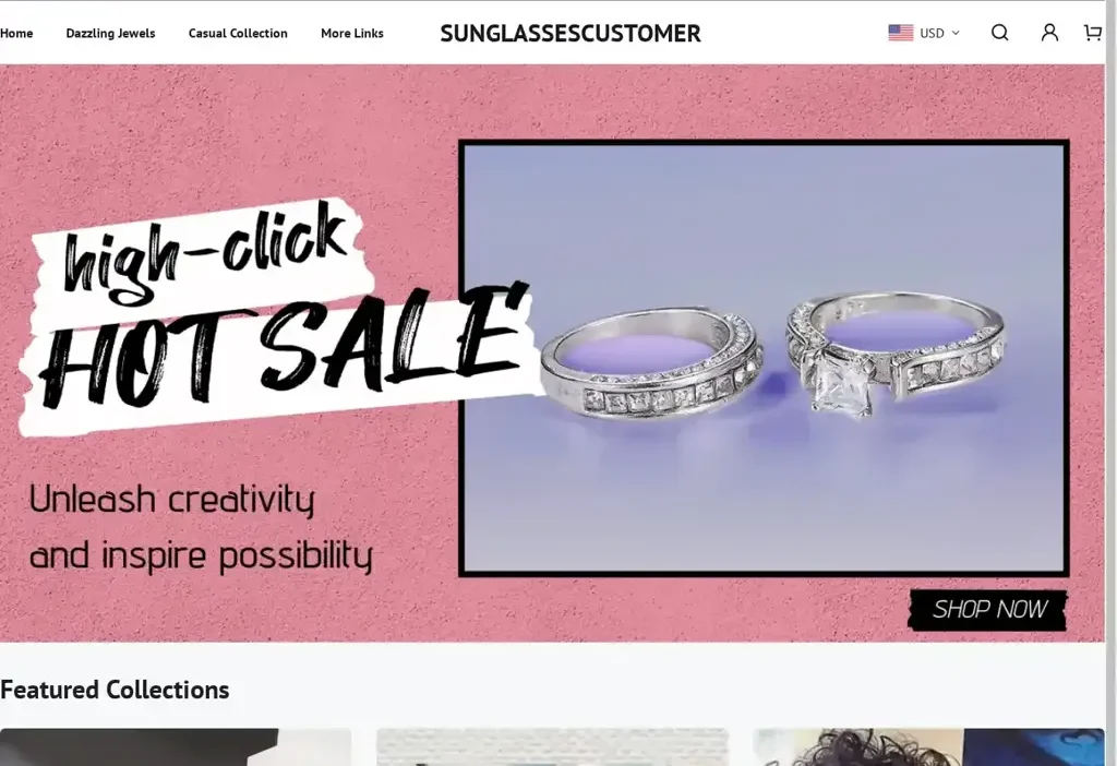 Screenshot of Non-Delivery scam website "Sunglassescustomer.online"