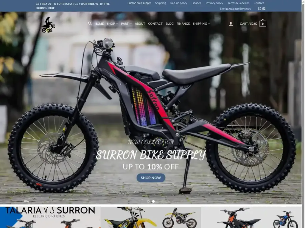 Screenshot of Non-Delivery scam website "Surron bike supply - Premium Electric Dirt Bikes, Parts & Accessories"