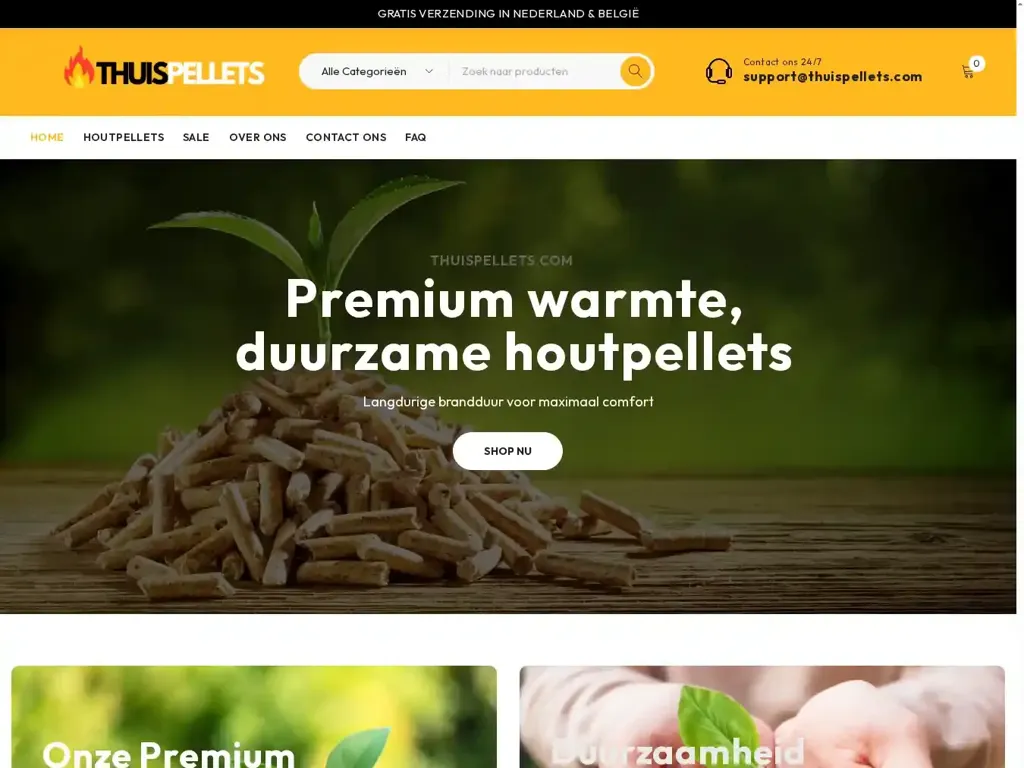 Screenshot of Non-Delivery scam website "Home - ThuisPellets | Hoogwaardige Pellets voor uw Verwarming"
