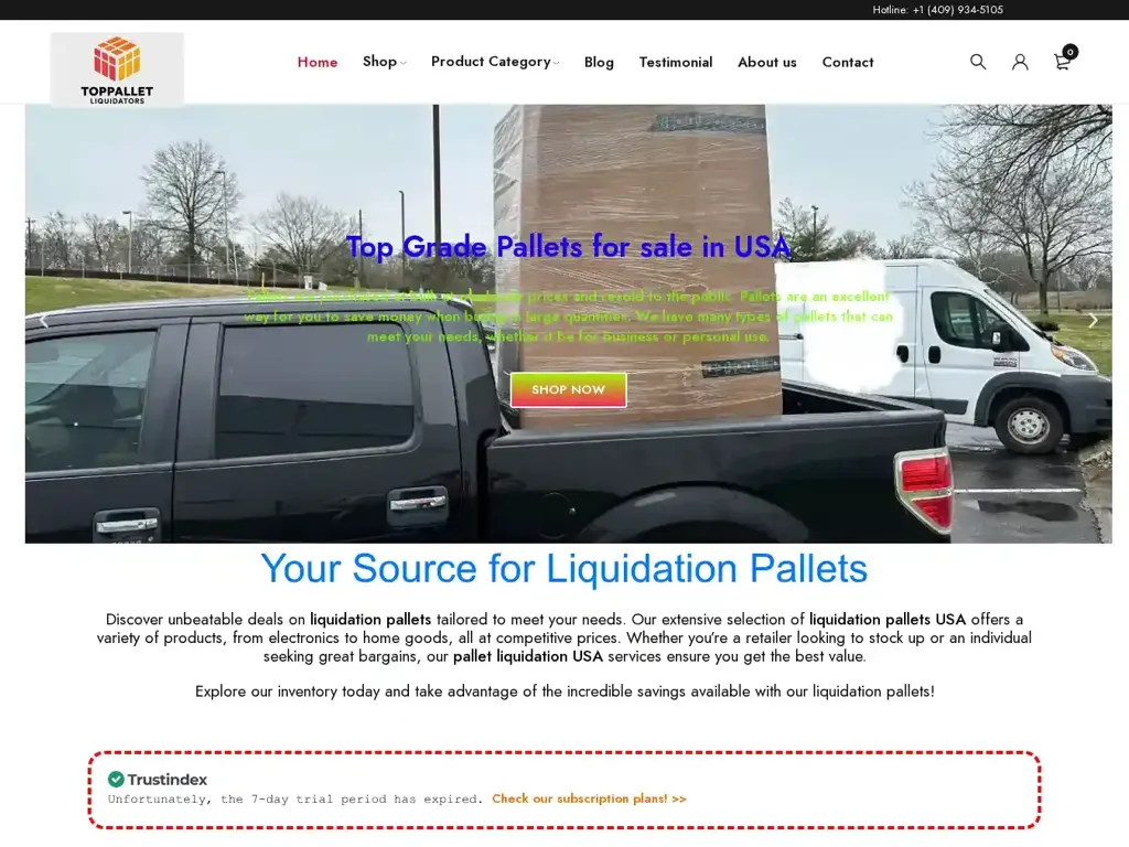Screenshot of Liquidation scam website "Home - Liquidation Pallets USA | Affordable Pallet Liquidation Deals"