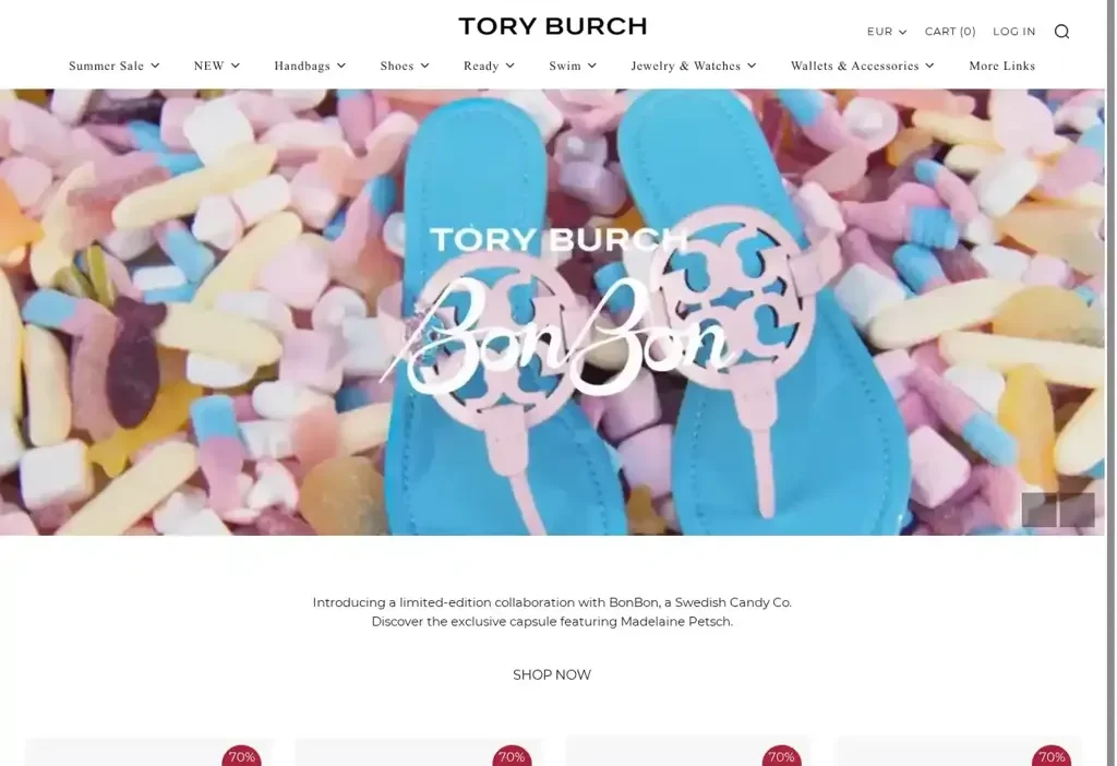 Screenshot of Non-Delivery scam website "Tory-burch.shop"
