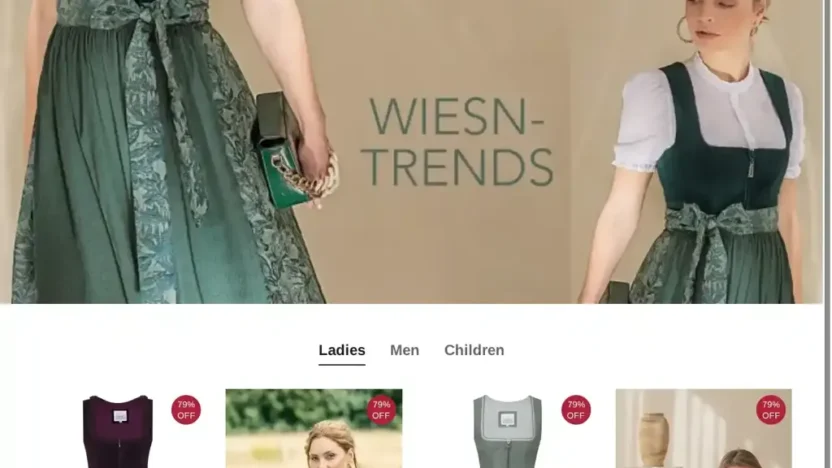 Screenshot of Non-Delivery scam website "Trachten-sale.com"