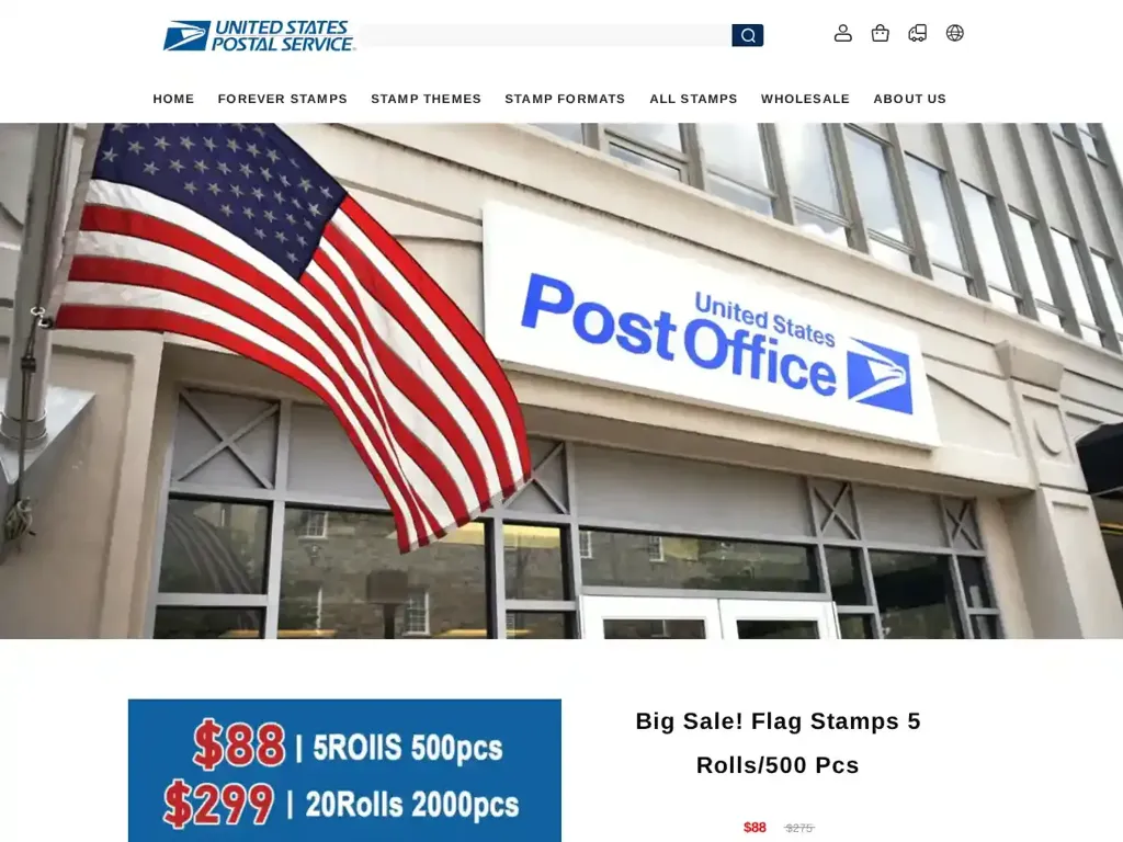 Screenshot of Non-Delivery scam website "To buy stamps, go to https://www.uspstampst.com/"