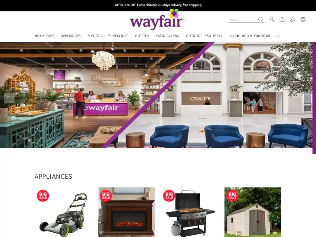 Screenshot of Non-Delivery scam website "Wayfair Clearance Sale | UP TO 90% OFF"