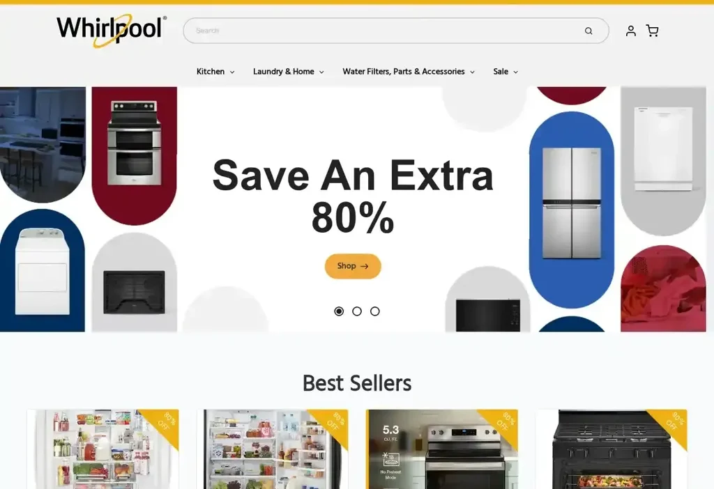 Screenshot of Non-Delivery scam website "Whirlpoolofficial.com"