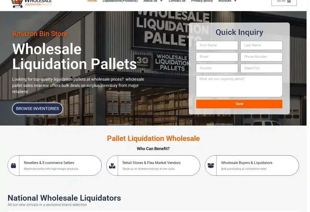 Screenshot of Liquidation scam website "Wholesalesliquidationpallets.shop"