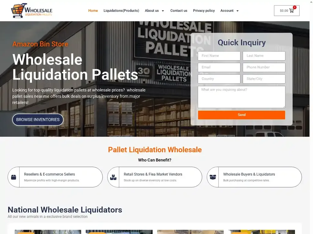 Screenshot of Liquidation scam website "Wholesale Pallet Sales Near Me"