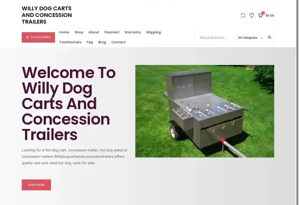 Screenshot of Non-Delivery scam website "Willydogcartsandconcessiontrailers.com"