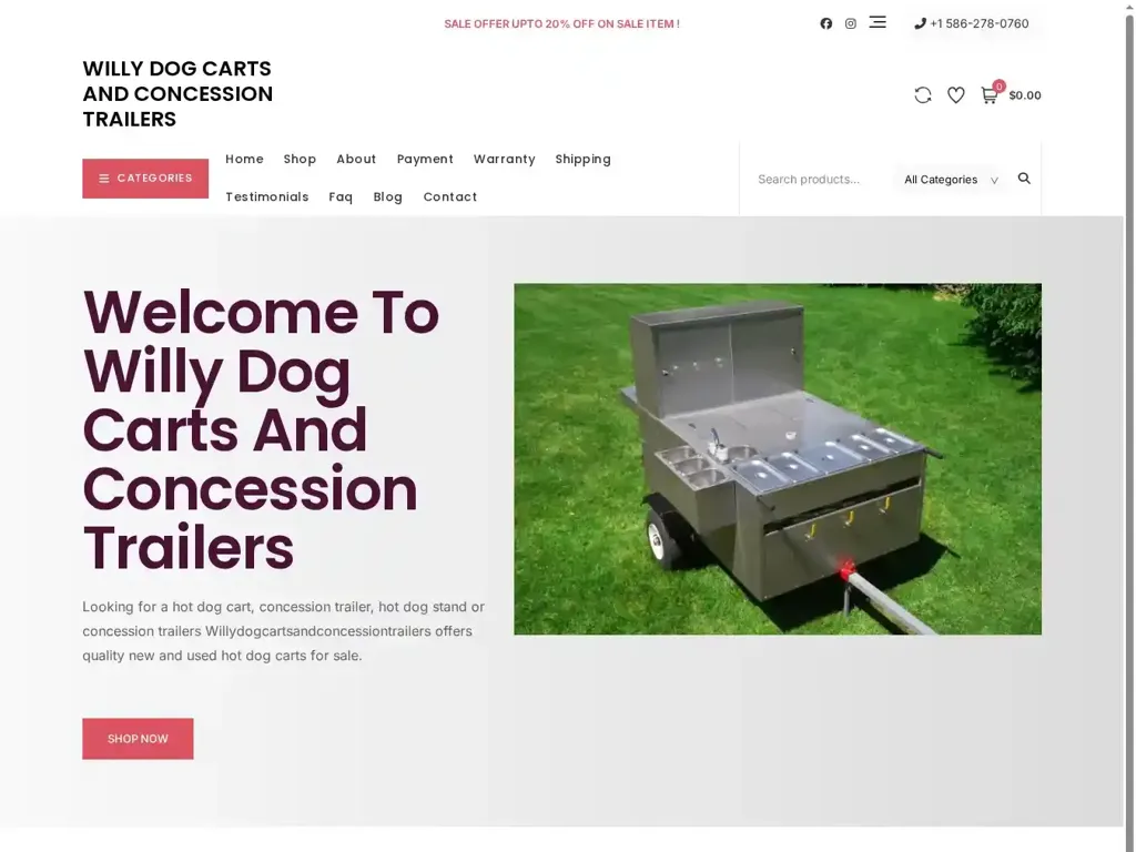 Screenshot of Non-Delivery scam website "Willy Dog Carts - Home Of Dog Carts And Concession Trailers"