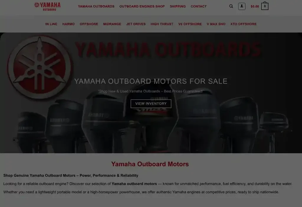 Screenshot of Non-Delivery scam website "Yamahaoutboardsmotors.com"