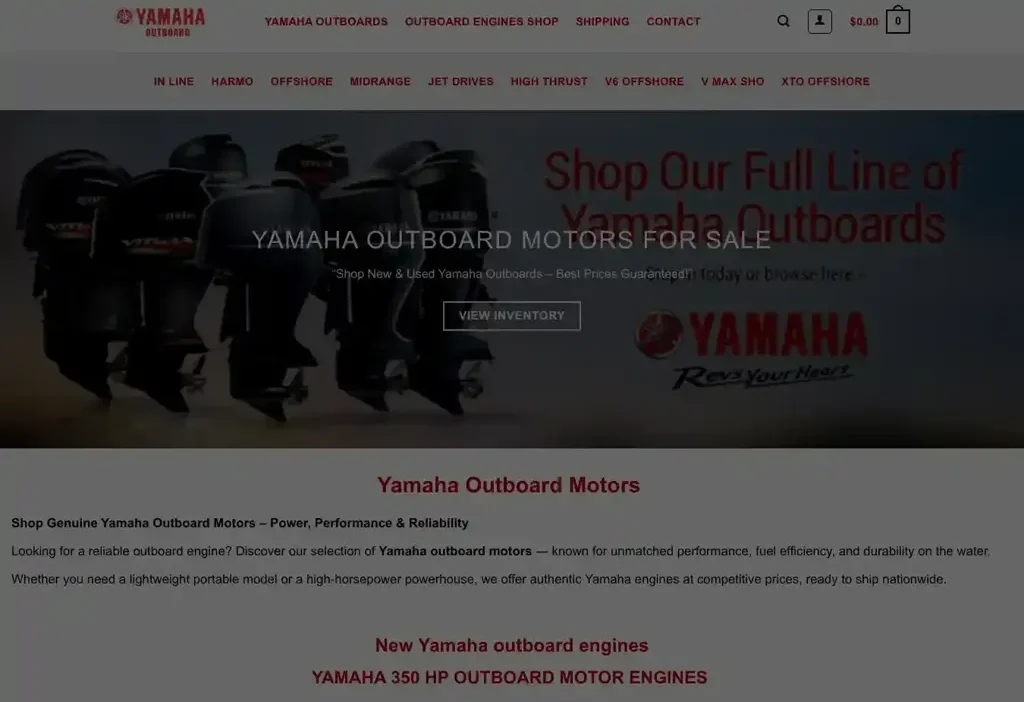 Screenshot of Non-Delivery scam website "Yamahaoutboardsmotors.store"